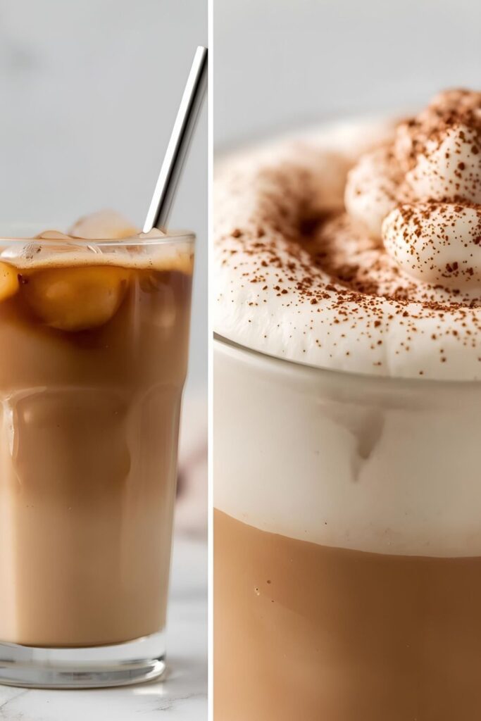 Two glasses of finished whipped coffee, one showing the full iced drink and the other a close-up on the fluffy foam texture.