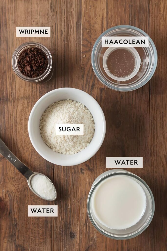 A collage of ingredients for whipped coffee: instant coffee, sugar, hot water, and milk arranged on a wooden table.