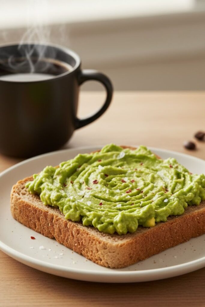 Close-up of the soft crumb of whole wheat bread and a slice of toast with avocado and coffee.)