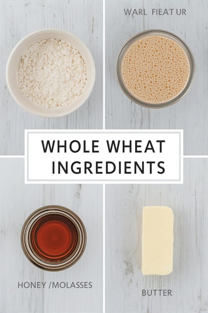 A collage of whole wheat bread ingredients: whole wheat flour, foamy yeast water, honey, and butter.)