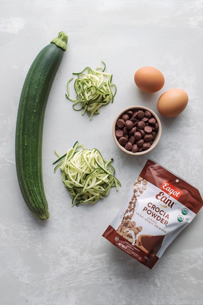 A flat-lay image of the ingredients for zucchini brownies, including a whole zucchini, shredded zucchini, cocoa powder, and chocolate chips.