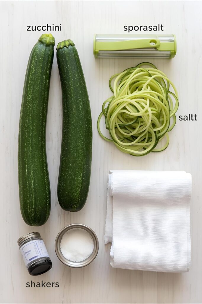 A collage of zucchini, a spiralizer, salt, and paper towels, showing the essential prep tools.)