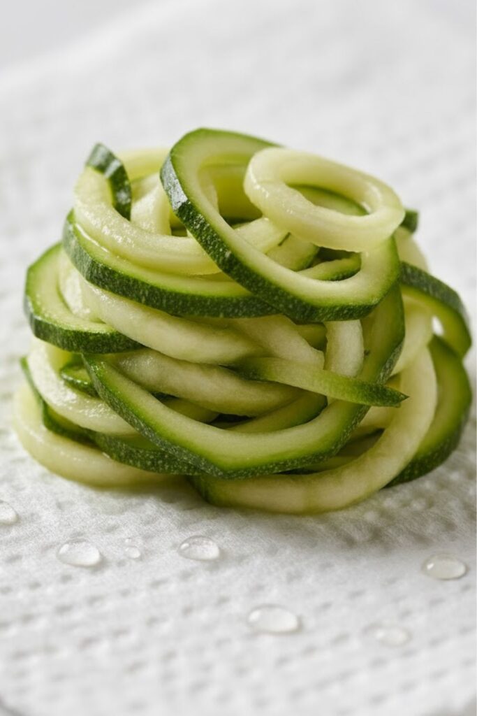 Close-up of squeezed, firm zucchini noodles and a serving bowl of zoodles tossed with red sauce and Parmesan.)