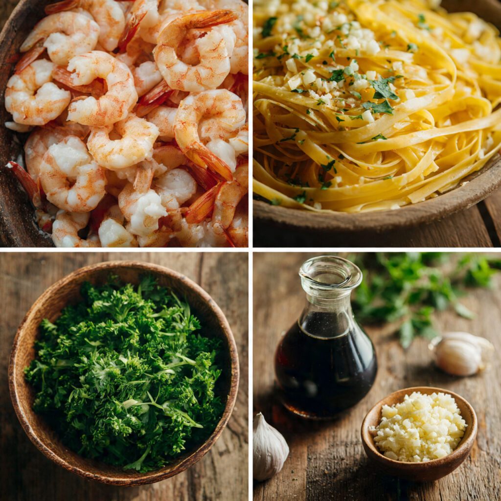 A collage showing speed-focused ingredients: frozen peeled shrimp, thin linguine pasta, a bowl of minced garlic, fresh parsley, and a bottle of soy sauce/rice vinegar.