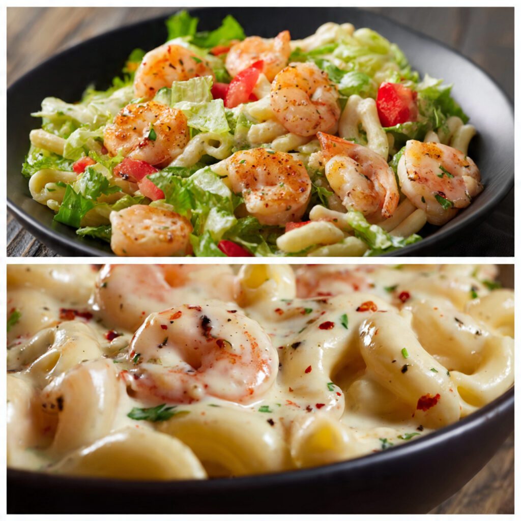 Two variations of quick meals. One is a wide shot of the finished Shrimp Pasta and a quickly assembled side salad. The other is an extreme close-up of the Shrimp Pasta, showing the glossy, creamy sauce coating the pasta and shrimp.