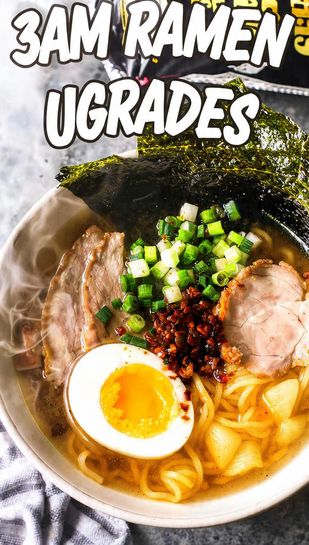 A close-up, top-down, highly stylized photo of a steaming bowl of upgraded ramen with a jammy egg and bright green onions. The text overlay prominently displays "3AM RAMEN UPGRADES" in a bold, viral-friendly font.