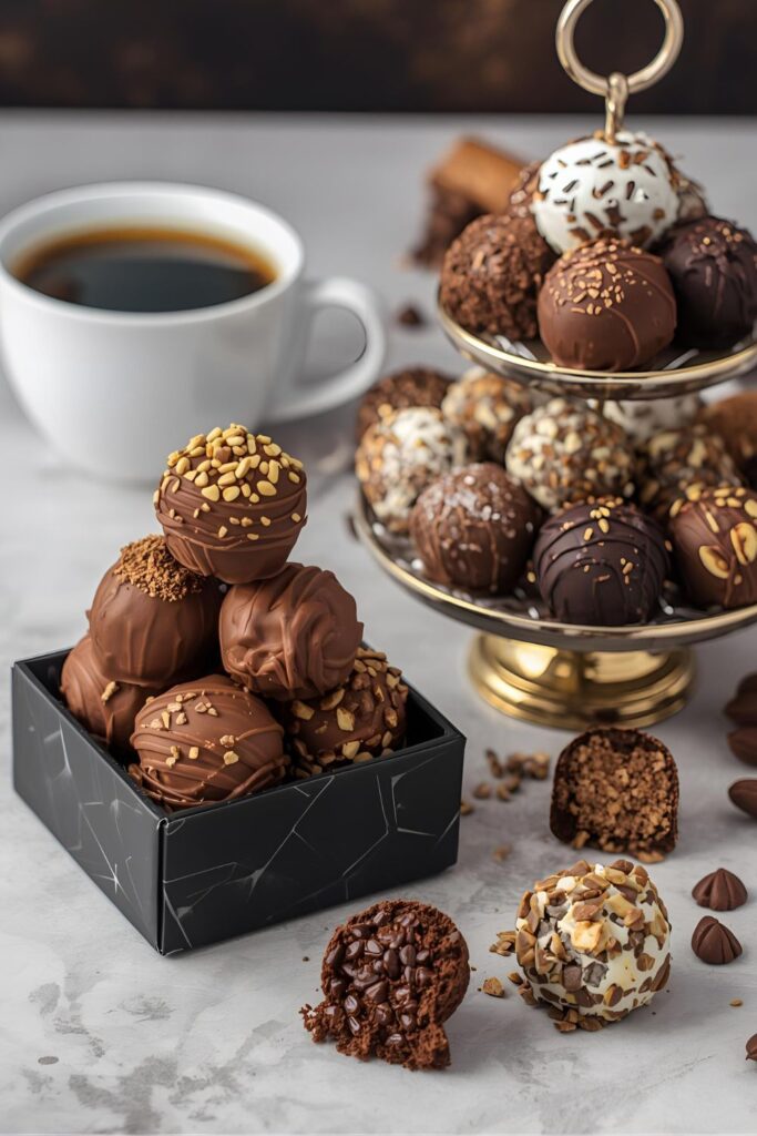 A presentation of assorted coffee truffles coated in cocoa powder and nuts, displayed next to a fresh cup of espresso.