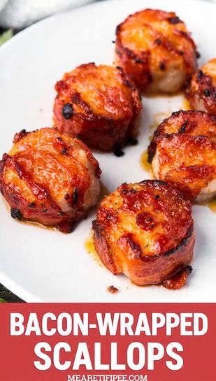A visually striking graphic featuring the bold text "BACON-WRAPPED SCALLOPS" overlaid on a mouth-watering image of crispy, golden-brown bacon-wrapped scallops.