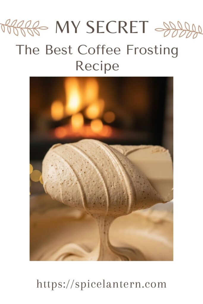 : Viral, indulgent, and highly clickable image: "Coffee frosting" text overlay on a background of a creamy swirl of fluffy light brown frosting piped onto a chocolate cupcake.