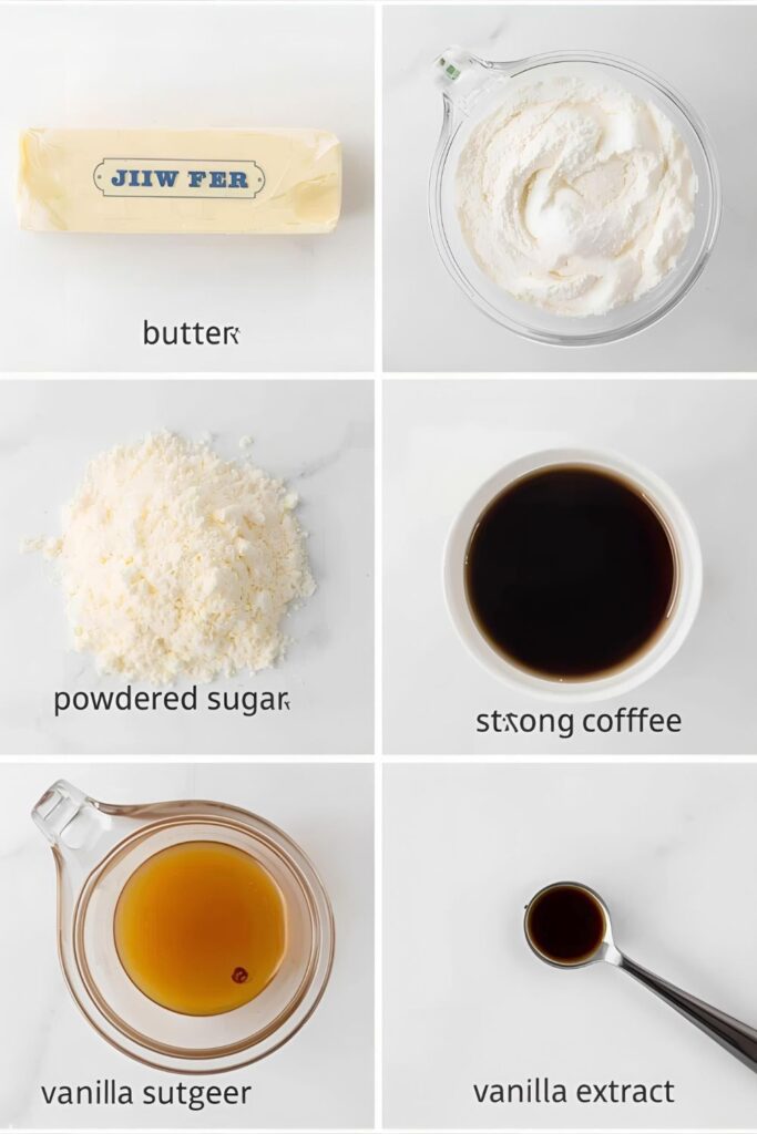 A neat flat lay of all the essential ingredients for coffee frosting: softened butter, powdered sugar, cold coffee, and vanilla extract.