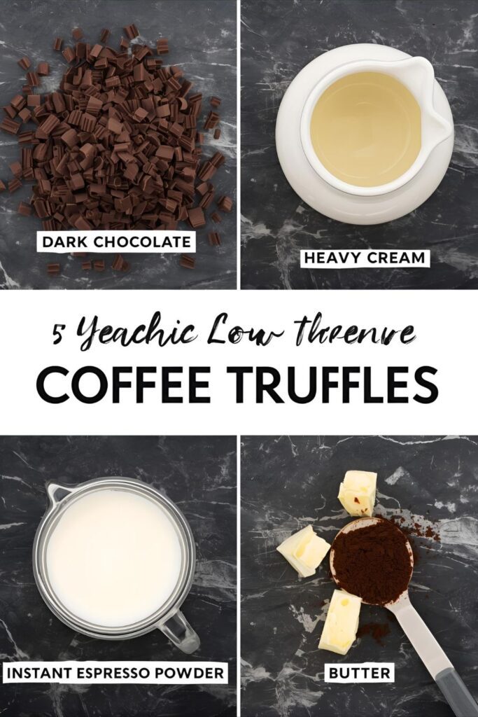 A flat lay collage of high-quality dark chocolate, heavy cream, instant espresso powder, and butter—the simple ingredients for homemade coffee truffles.