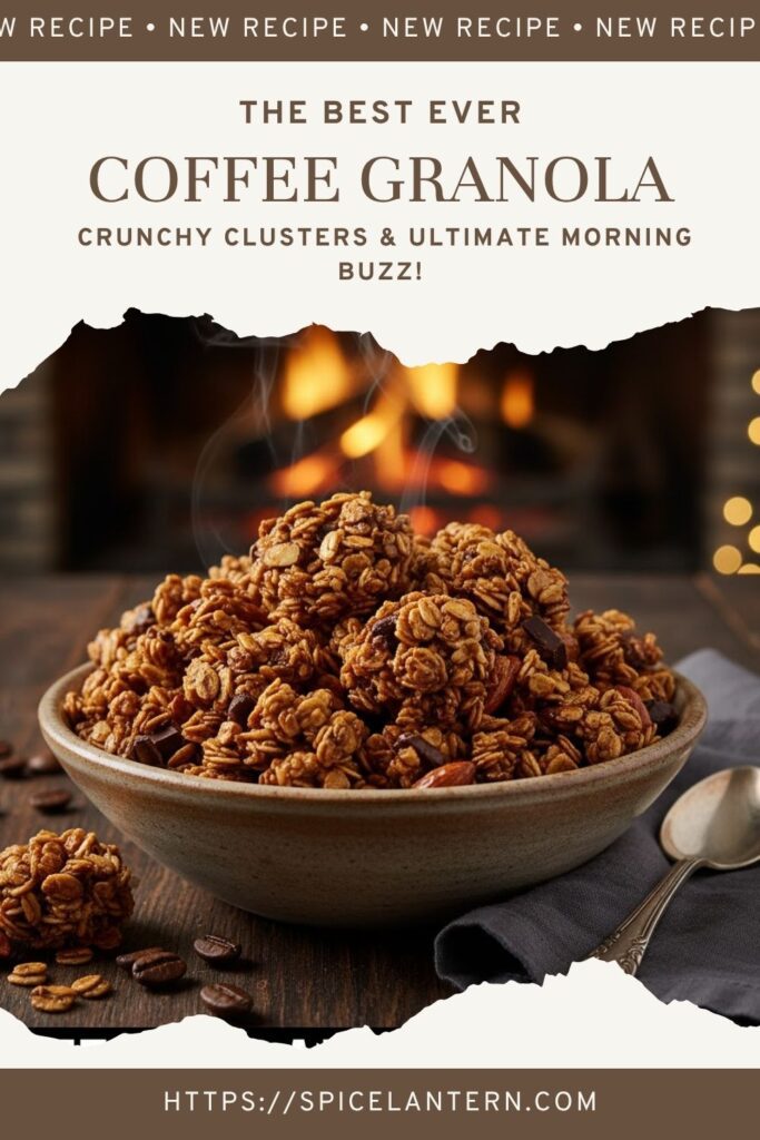 A close-up, high-angle shot of large, dark coffee granola clusters mixed with dark chocolate pieces, in a rustic bowl with a splash of milk, featuring a bold text overlay reading: "Coffee Granola."