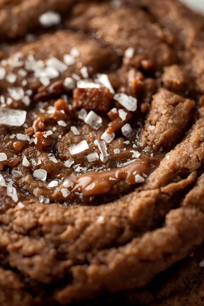 An extreme, low-angle close-up of one Salted Caramel Mocha Cold Brew Cookie. The cookie is thick and chewy, with a visible swirl of caramel and a sprinkle of flaky sea salt on top. The background is blurred, focusing entirely on the cookie texture.