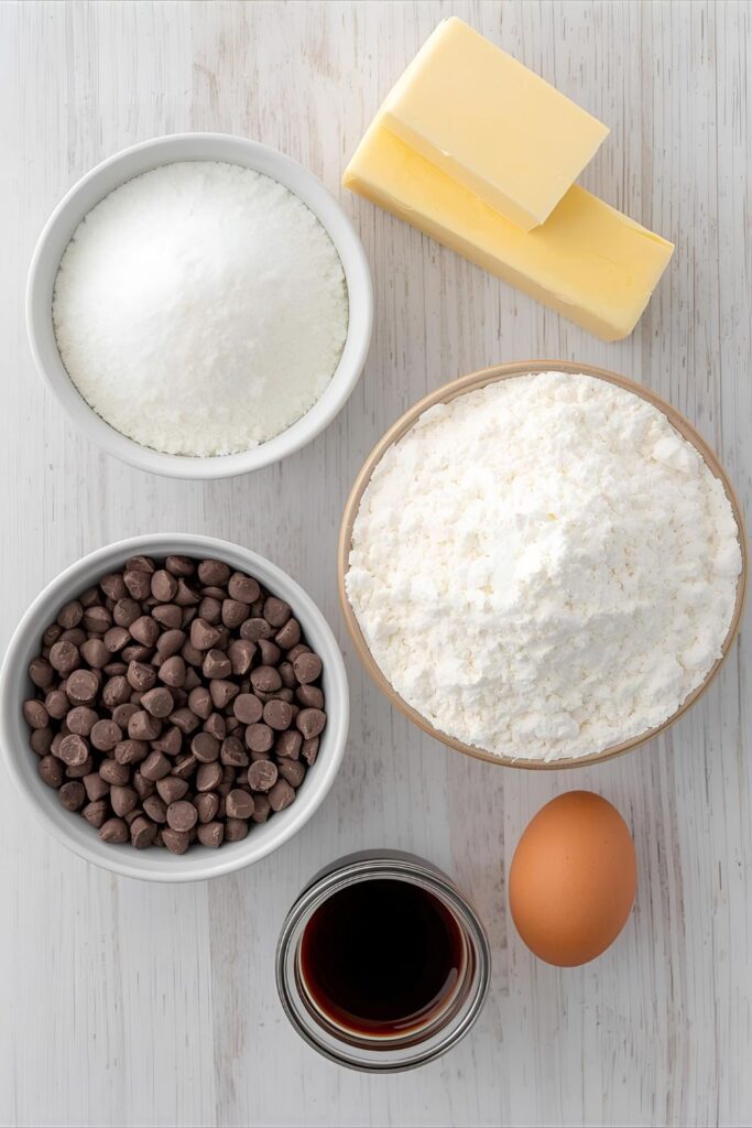 Artful flat lay collage of all the raw ingredients for the recipe including a jar of cold brew concentrate, butter, sugars, and chocolate chips