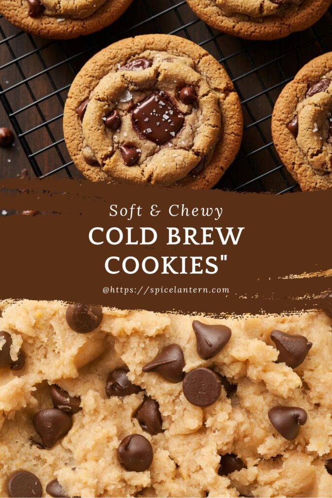 Warm, chewy cold brew cookie with melted chocolate chips on a wire rack with the text overlay "Cold Brew Cookies" in a bold, rustic font