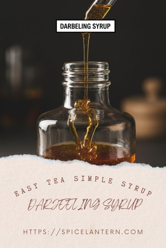 Close-up of amber Darjeeling syrup being poured into a jar, with a bold text overlay.