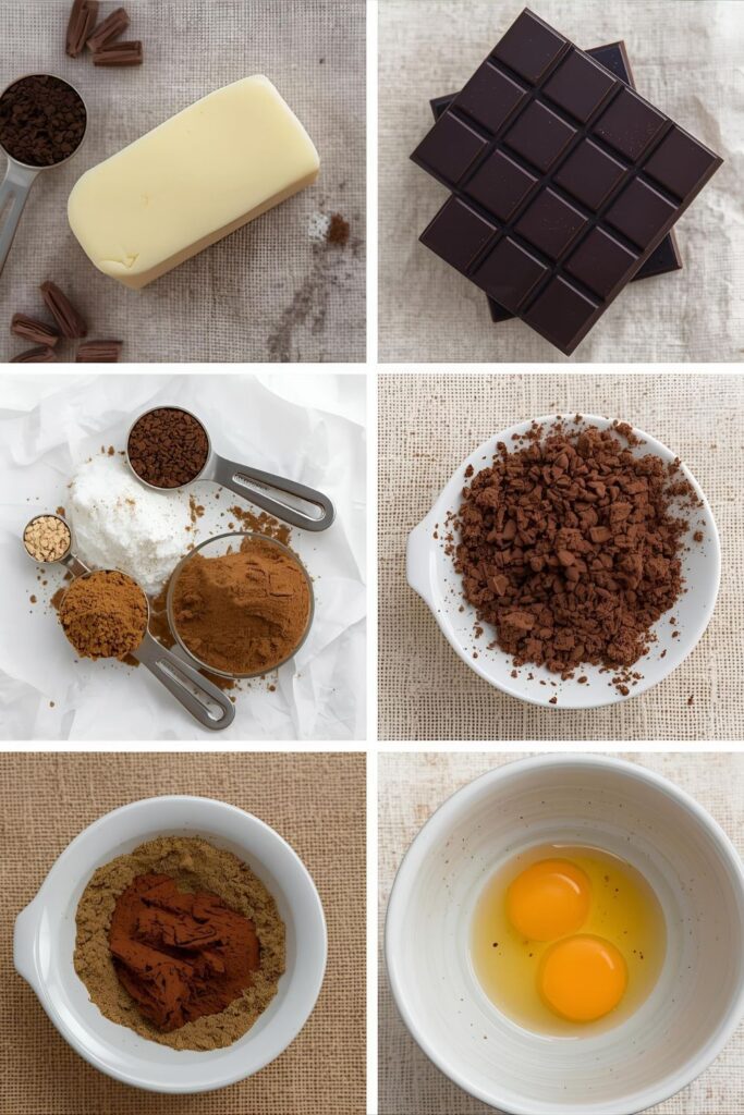 Artful collage of all the raw ingredients for the recipe including a stick of butter, dark chocolate bar, espresso powder, sugar, and flour in small bowls