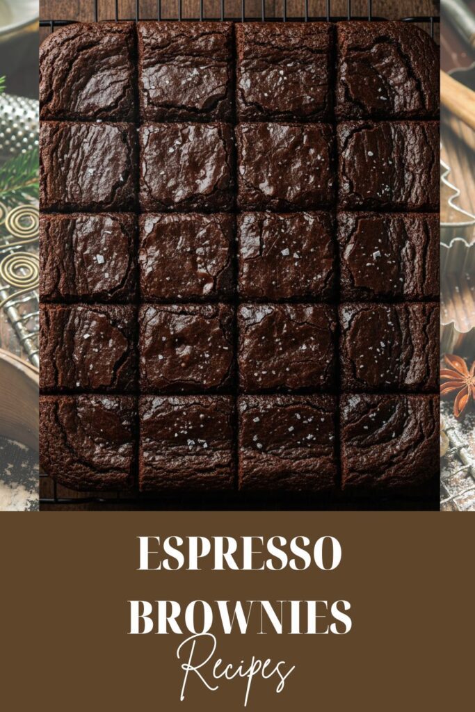 Close-up of fudgy, crackly-topped Espresso Brownies on a wire rack with the text overlay "Espresso Brownies" in a bold, rustic font