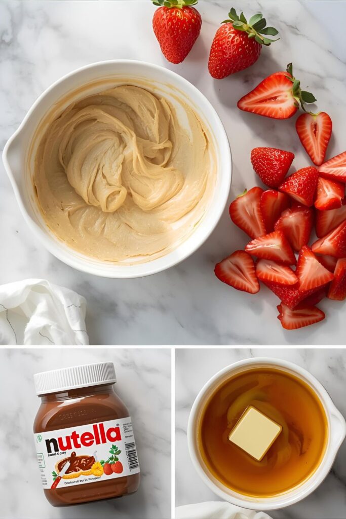 Flat lay collage showing a bowl of runny crepe batter, fresh sliced strawberries, a jar of Nutella, and melted butter. Bright natural light on a white marble background.