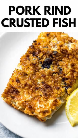 A visually engaging, high-contrast graphic with the bold text "PORK RIND CRUSTED FISH" centered over a close-up image of a flawlessly golden, crunchy fish fillet.