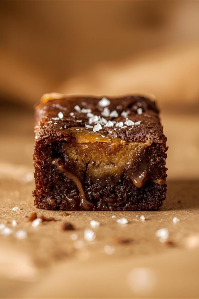 Extreme close-up of a square of salted caramel swirl espresso brownie with flaky sea salt on top, showing a gooey center