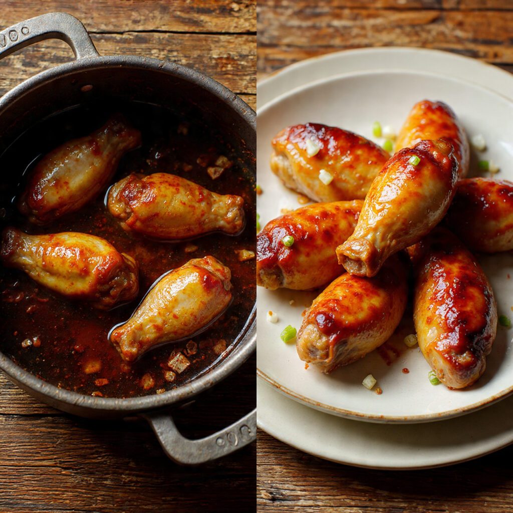 Two views of Adobo-Flavored Wings: raw wings simmering in the braising liquid and a close-up of the finished, glossy wings on a platter.