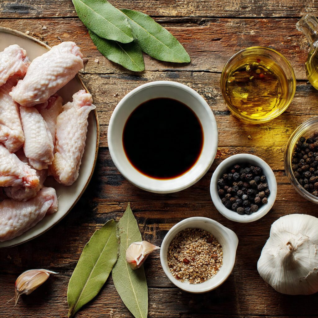 Flat lay collage of Adobo-Flavored Wings raw ingredients: chicken wings, soy sauce, vinegar, whole garlic head, and spices.