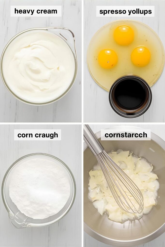 A close-up, high-angle shot of a small glass ramekin filled with dark brown affogato pudding, topped with a dollop of white whipped cream and a dusting of cocoa powder, with a bold text overlay reading: "Affogato Pudding."