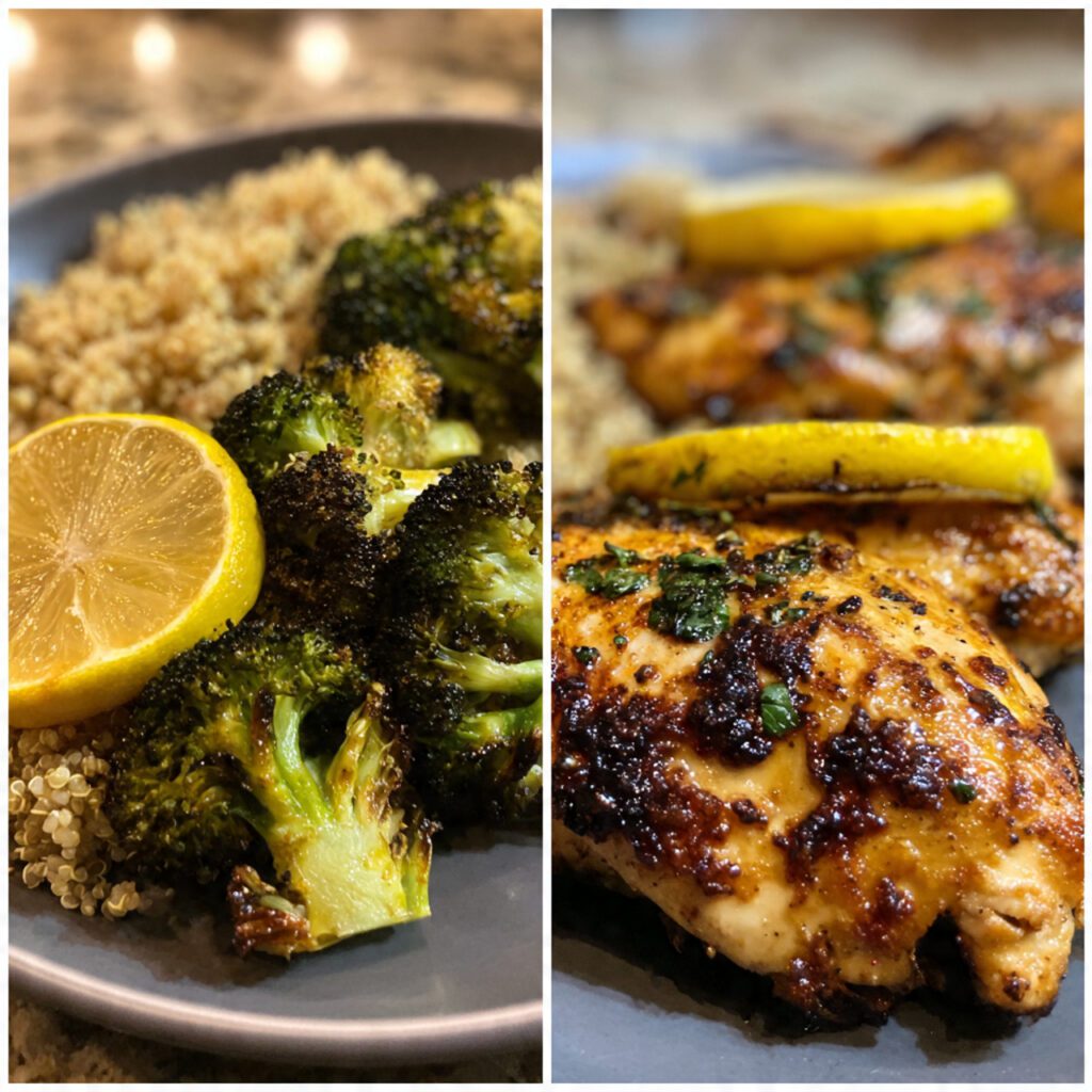 Two servings of air fryer meals. One is a wide shot of the cooked Lemon Herb Chicken & Veggies on a plate with a simple side of quinoa. The other is an extreme close-up of a piece of perfectly crispy, golden-brown chicken with a charred broccoli floret.