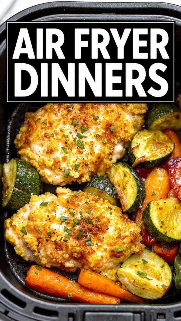 Overhead shot of a vibrant Lemon Herb Chicken and Roasted Vegetables (broccoli, bell pepper, zucchini) in an air fryer basket, perfectly golden and crispy. The text overlay reads: "AIR FRYER DINNERS".