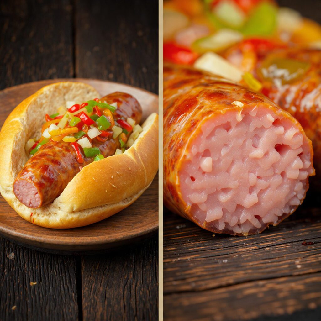 Two servings of Alligator Sausage. One is a wide shot of a sausage in a bun topped with sautéed peppers and onions, and the other is an extreme close-up of a sliced sausage piece showing the lean, finely ground interior.