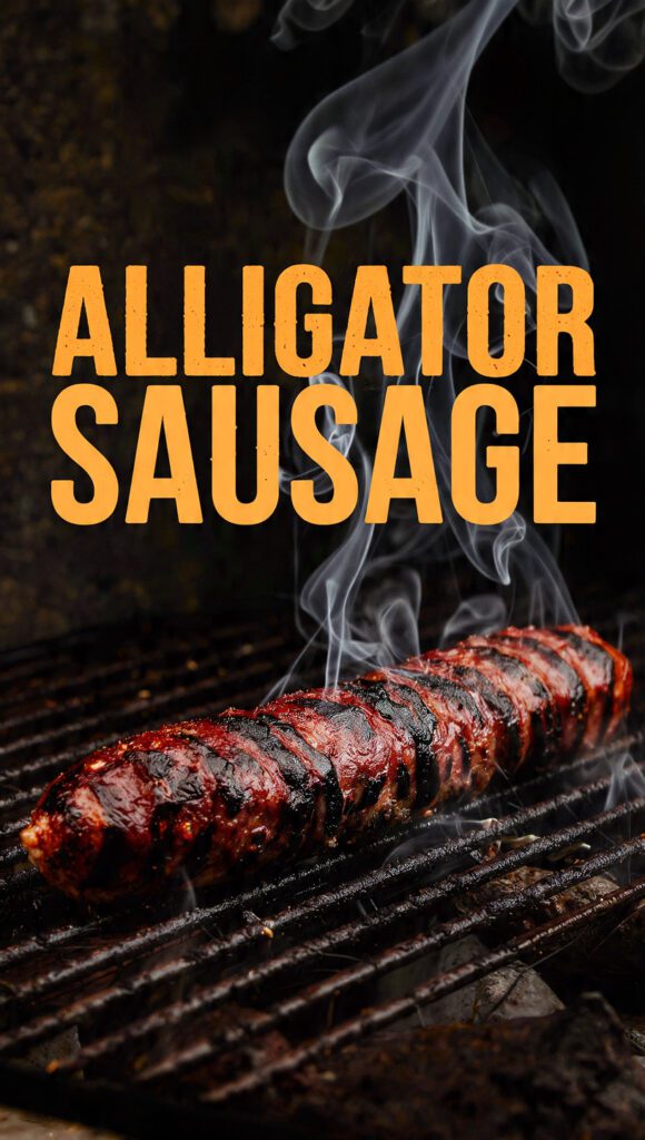 Close-up of two perfectly seared Alligator Sausage links resting on a rustic grill grate, showing the dark, crispy casing. The text overlay reads: "ALLIGATOR SAUSAGE"