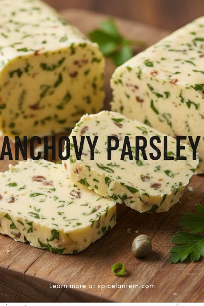 A viral, indulgent, and highly clickable image of a log of Anchovy parsley compound butter sliced into rounds, with the text overlay "ANCHOVY PARSLEY" in a rustic, savory font.