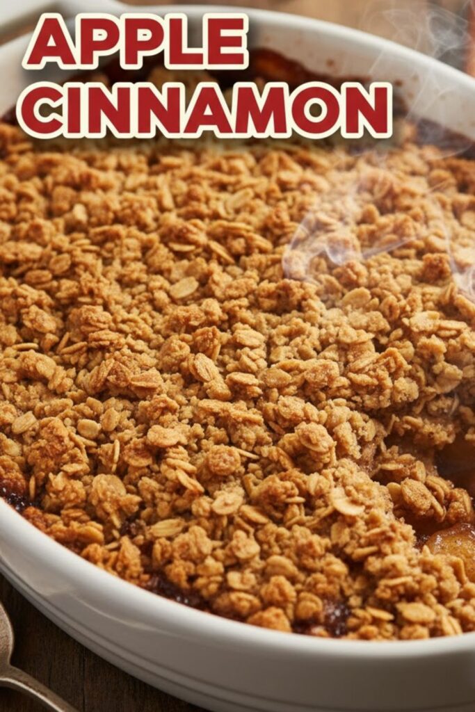 A close-up, vibrant overhead photo of a hot apple cinnamon crumble bubbling in a baking dish, with the bold text overlay: APPLE CINNAMON.