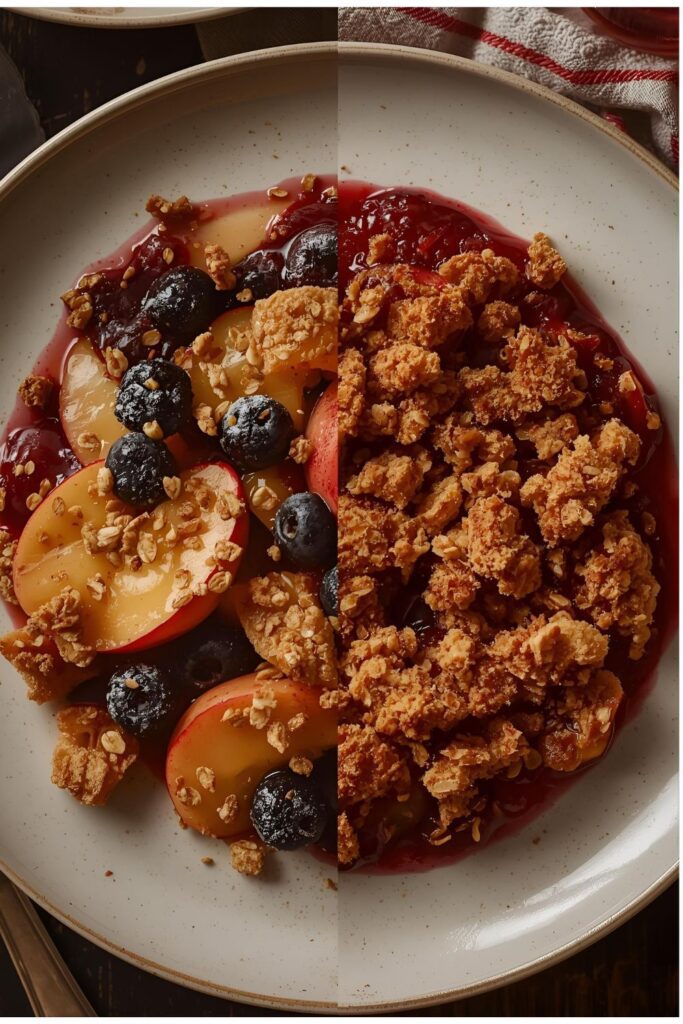 Two separate, appetizing variations of the cooked deconstructed crumble: one with apple and berry and the other with sliced peaches. One image is a close-up of the golden, crunchy crumble pieces.