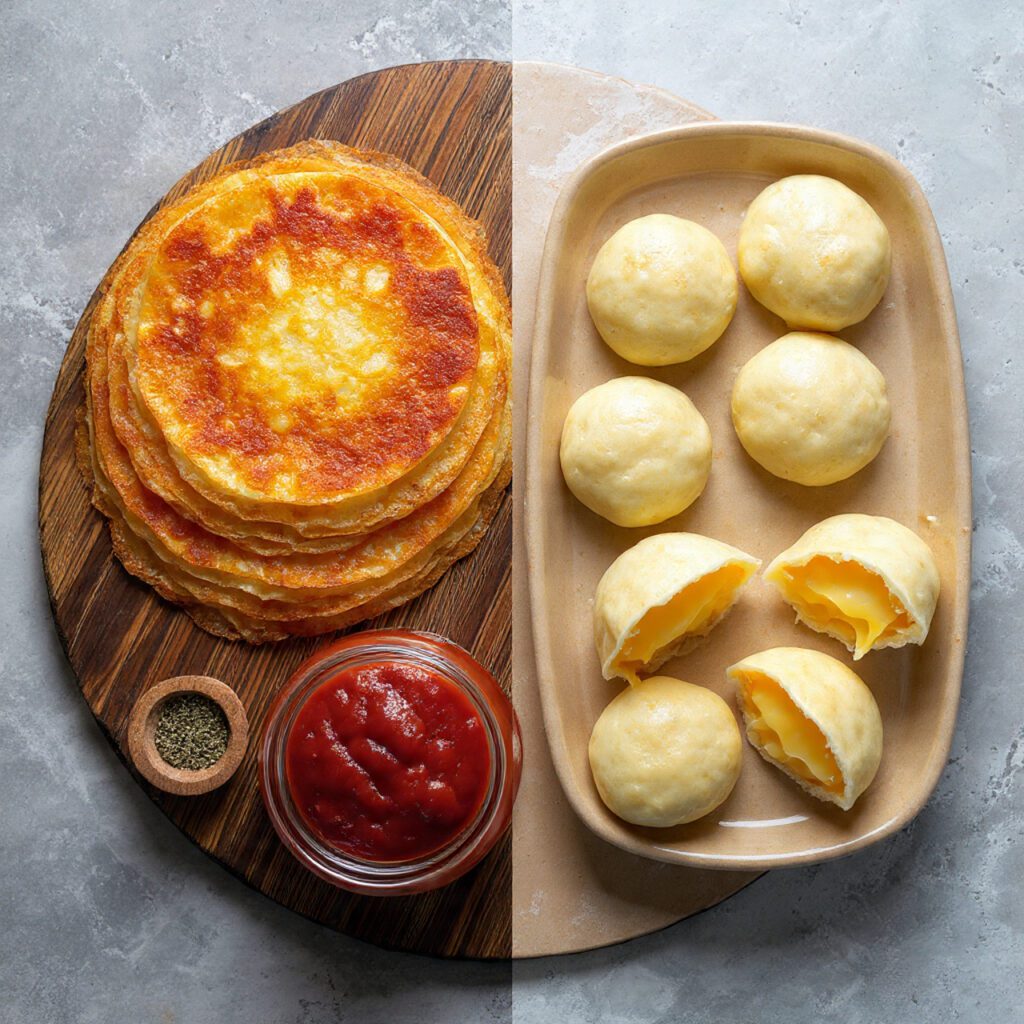 A diptych showing two trays of Pizza Dumplings: one tray shows the golden-brown, crispy fried version, and the other shows the slightly lighter, baked version. One dumpling is broken open to show the melted cheese inside.