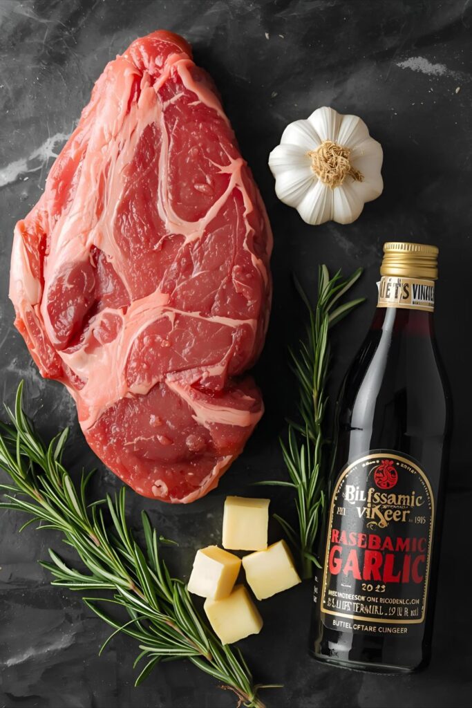 Flat lay collage of the raw ingredients used: raw ribeye steak, bottle of balsamic vinegar, fresh garlic cloves, cubes of butter, and sprigs of rosemary on a dark marble surface)