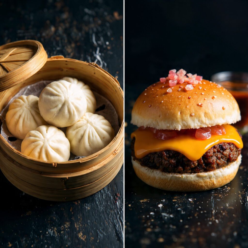 Two views of Bao Burger Sliders: steaming buns and a close-up of an assembled slider with toppings.