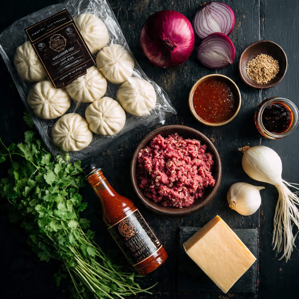 Flat lay collage of raw ingredients for Bao Burger Sliders: bao buns, ground beef, hoisin, and toppings.