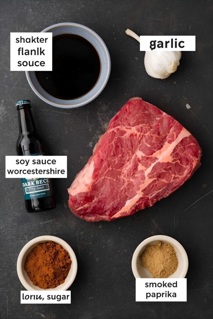 Ingredient collage for Beer-Marinated Steak showing raw flank steak, dark beer, soy sauce, brown sugar, and garlic