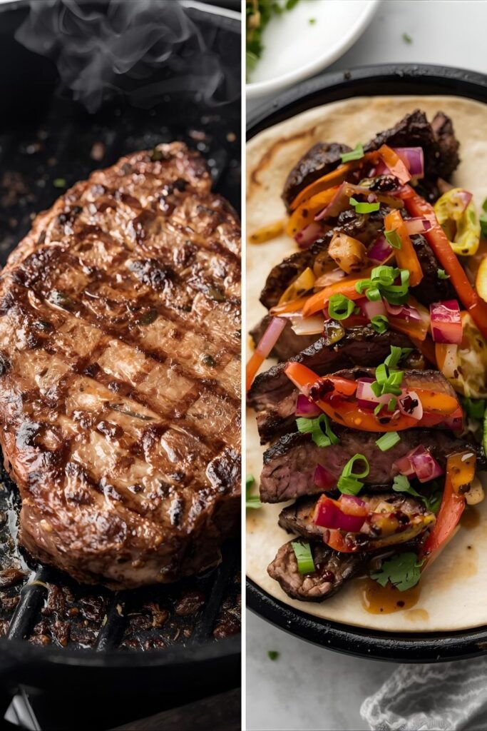 Macro view of two Beer-Marinated Steak variants: a close-up of the crust in a cast iron skillet, and a serving suggestion as a sliced fajita.