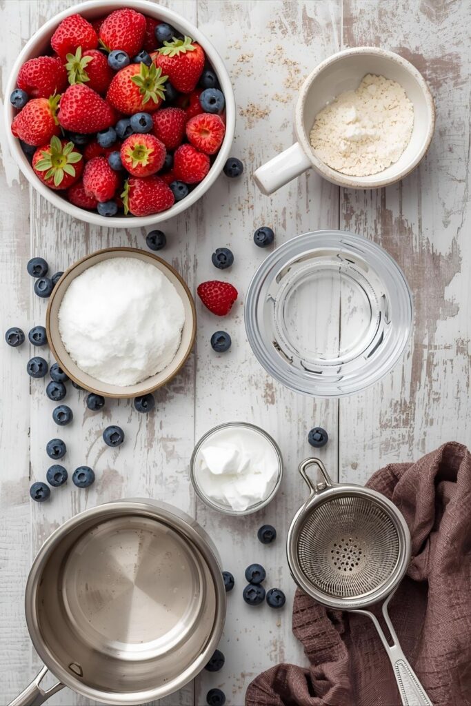A flat-lay collage featuring fresh mixed berries, granulated sugar, water, a small saucepan, and a fine-mesh sieve, all arranged on a rustic light wood surface.