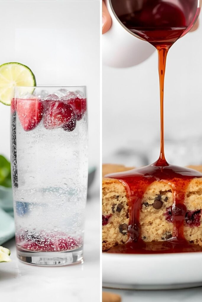 A side-by-side image: On the left, a clear glass filled with sparkling water and Berry-infused syrup, garnished with a lime slice. On the right, a close-up of the syrup drizzled generously over a slice of cookie monster cake.