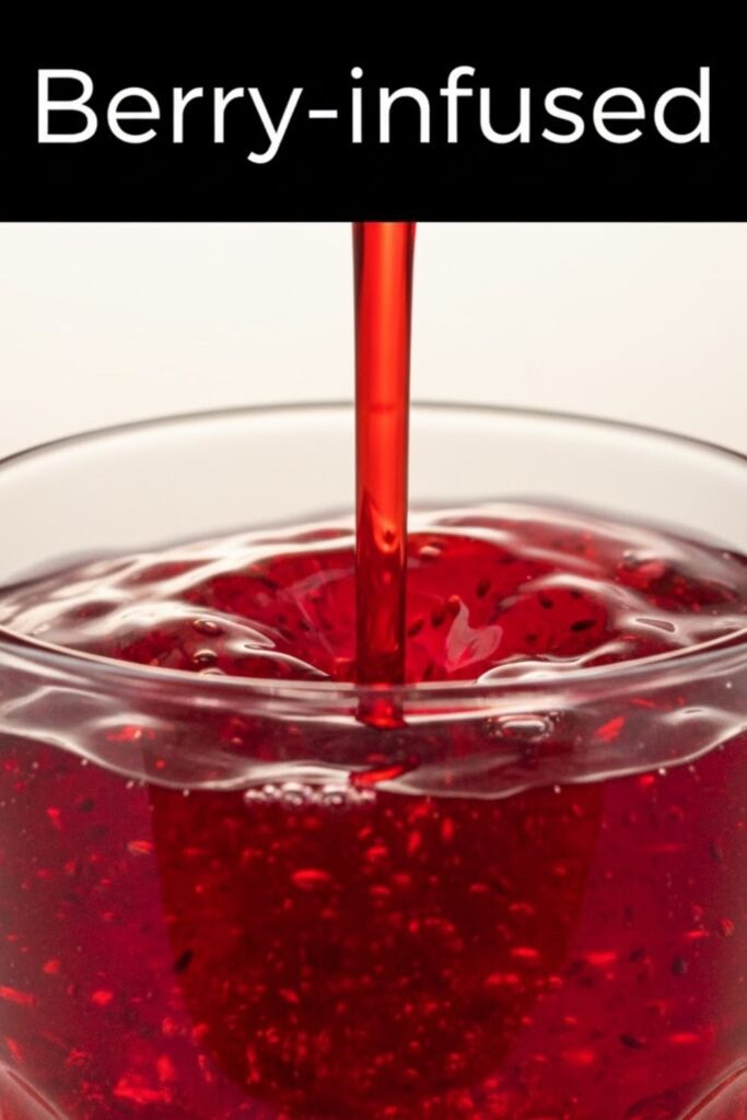 A close-up of vibrant red Berry-infused simple syrup pouring from a glass bottle into a clear glass, with fresh berries visible in the background. The text overlay reads: BERRY-INFUSED
