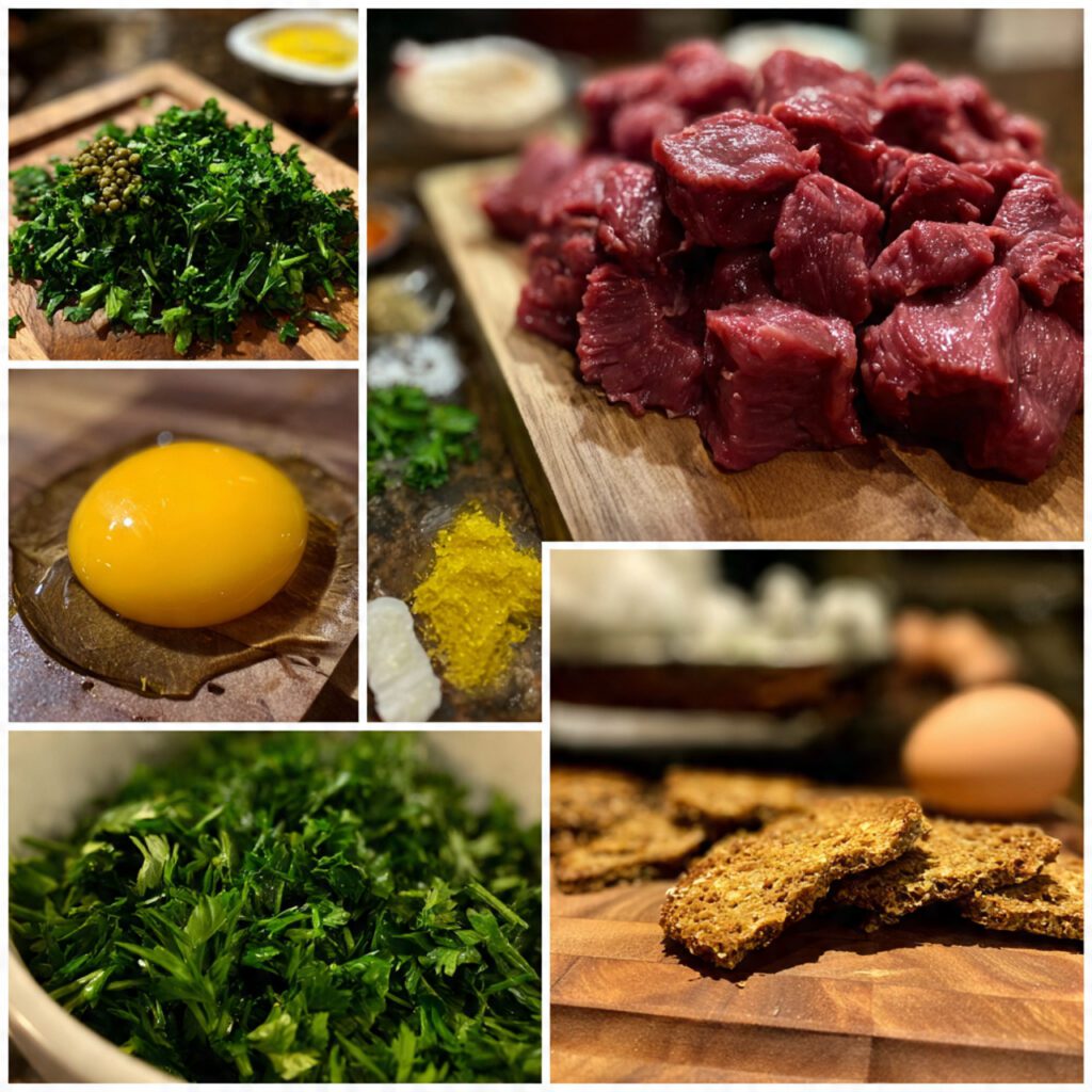 A collage showing the essential ingredients: finely diced raw bison tenderloin, fresh parsley, capers, Dijon mustard, a raw egg yolk, and croûtes on a cutting board.