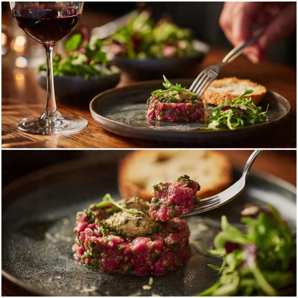 Two servings of Bison Tartare. One is a wide shot of two servings with small side salads and wine, and the other is an extreme close-up of the tartare, showing the chunky texture of the meat and the creamy mixture, being scooped with a croûte.