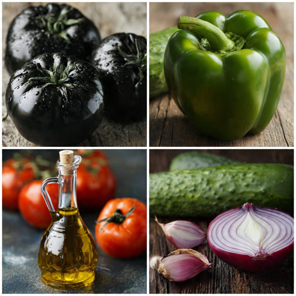 A collage showing the essential ingredients: whole black heirloom tomatoes, a cucumber, green bell pepper, red onion, a bottle of sherry vinegar, and a bottle of olive oil, all roughly chopped or whole.