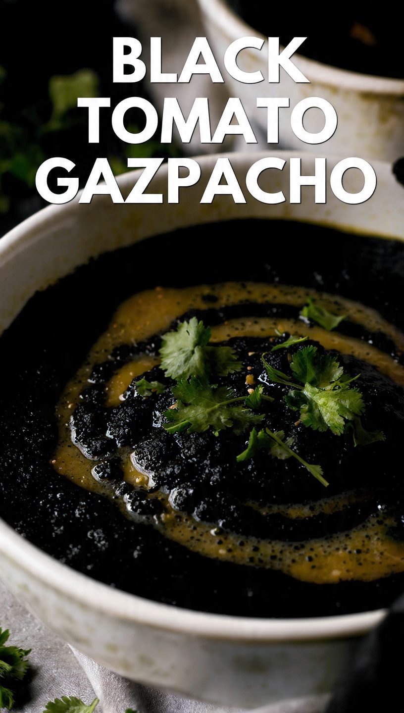 A close-up shot of a bowl of dark, rich Black Tomato Gazpacho, garnished with finely diced green bell pepper, red onion, and fresh basil, with a drizzle of olive oil. The text overlay reads: "BLACK TOMATO GAZPACHO"