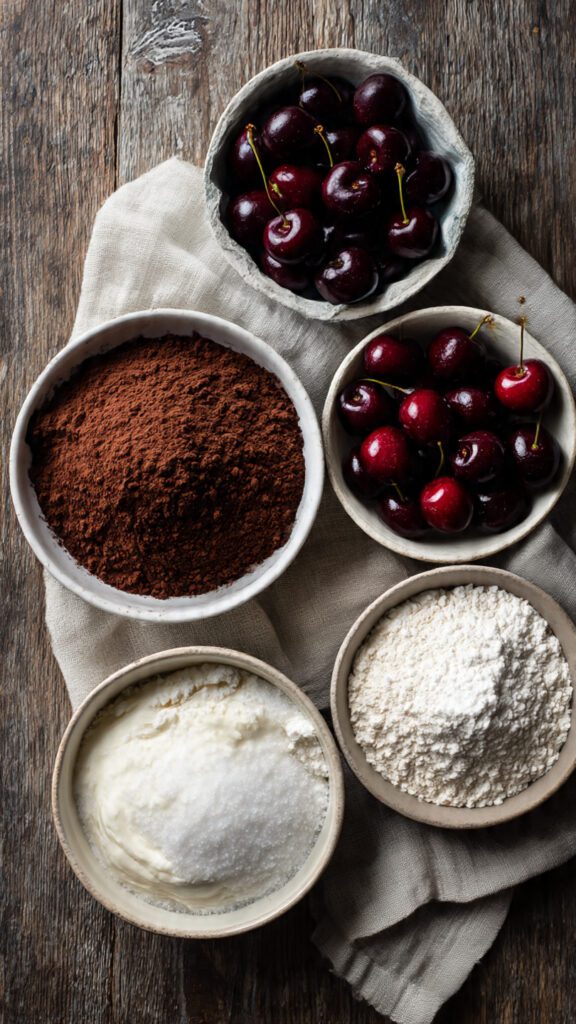 A high-quality collage image showing all the simple ingredients: cocoa powder, fresh cherries, heavy cream, sugar, and flour, artistically arranged on a wooden counter.