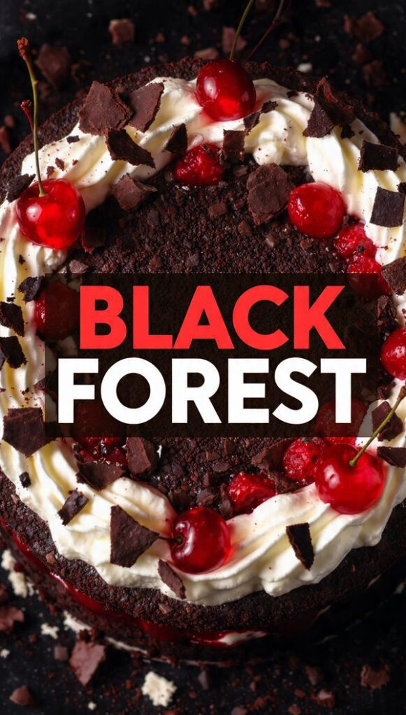 A close-up, vibrant overhead photo of a decadent Black Forest cake with layers of dark chocolate, whipped cream, and cherries, garnished with chocolate shavings, featuring the bold text overlay: BLACK FOREST.